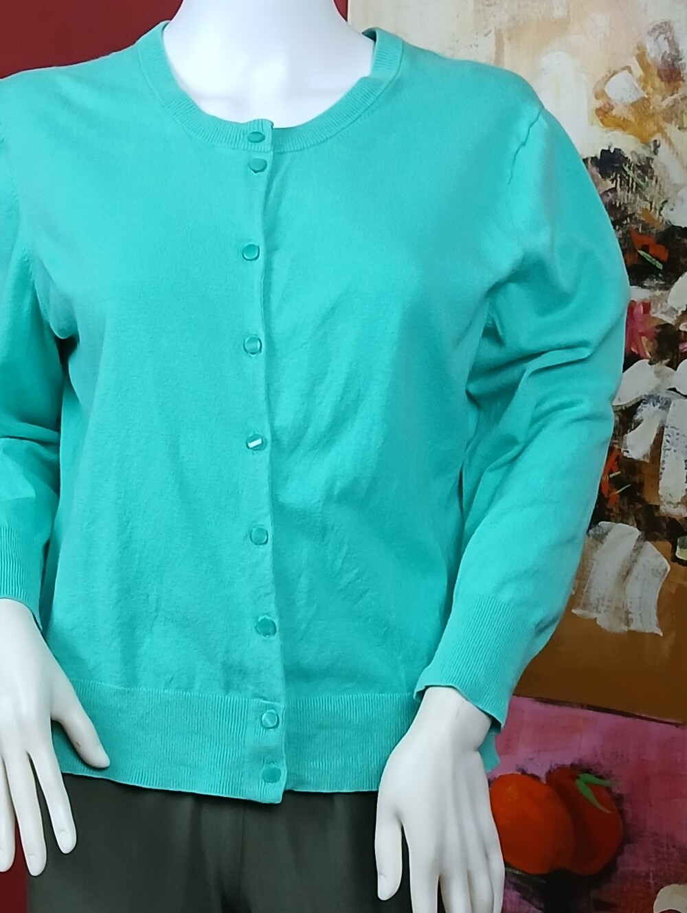 Classic Women's Teal Crewneck Button Cardigan Sweater